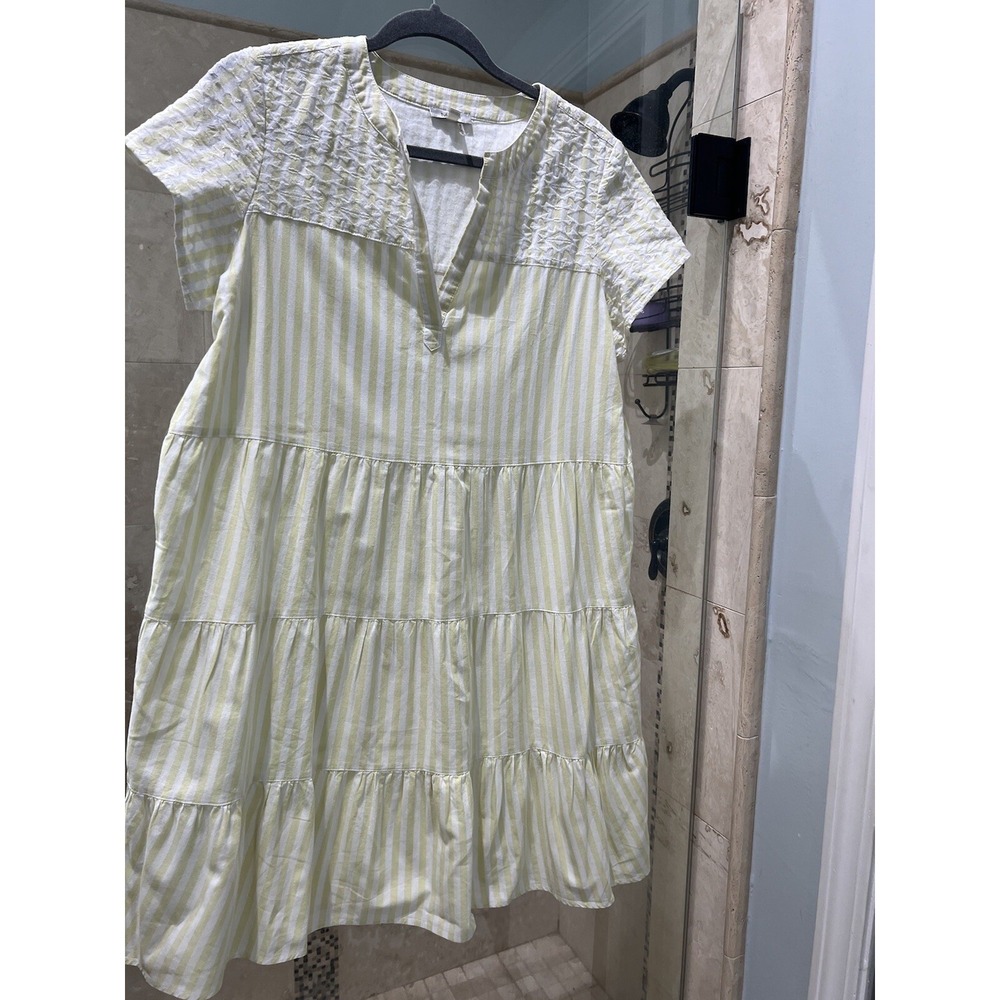 Tyler Boe Claudia Dress Women’s S Babydoll Tiered White Green Yellow Embroidery